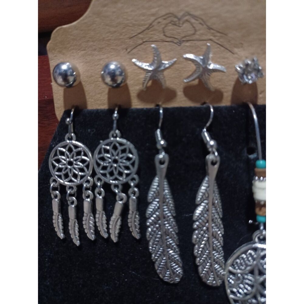 6 Pairs of Boho Silver-Toned Earrings - Picture 2 of 4
